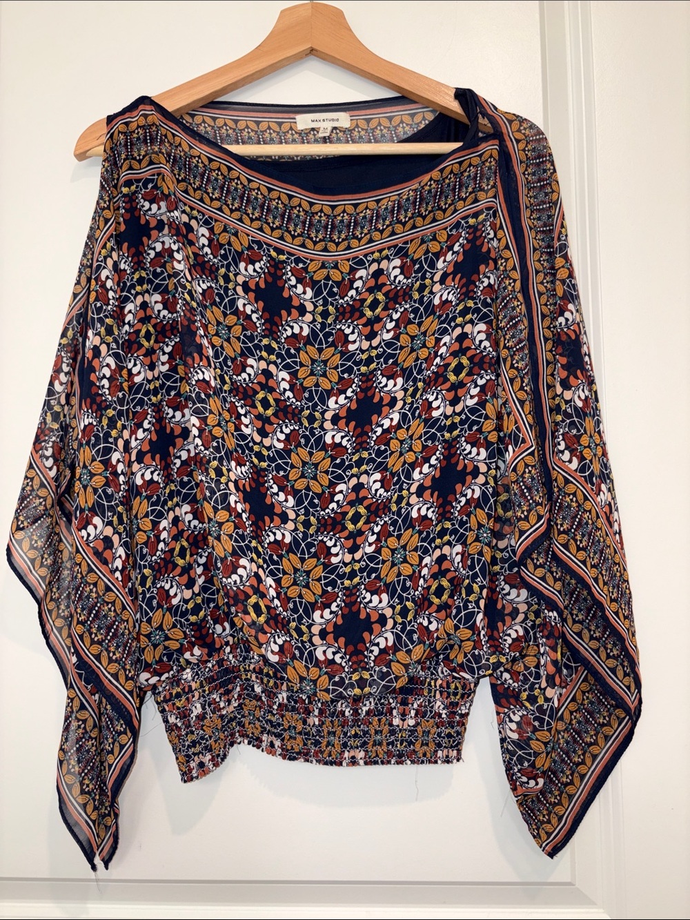 Max Studio Navy Floral Border-Print Batwing Tunic with Mustard Accents